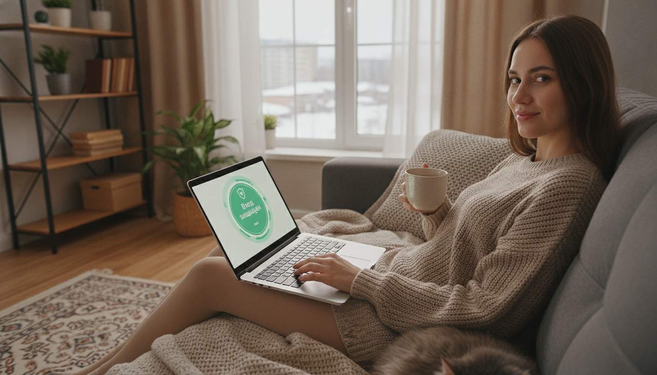 Mulher russa usando um laptop com segurança