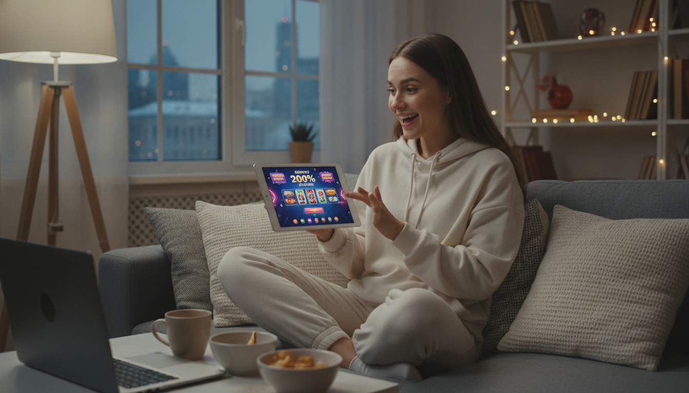 Benefícios do Programa VIP Mulher feliz jogando em um cassino online